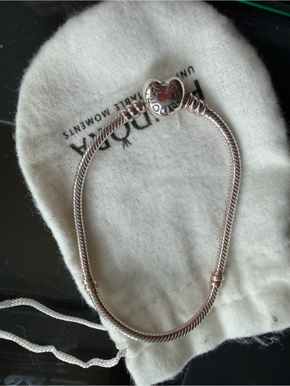 Pandora silver bracelet with heart clasp in stones